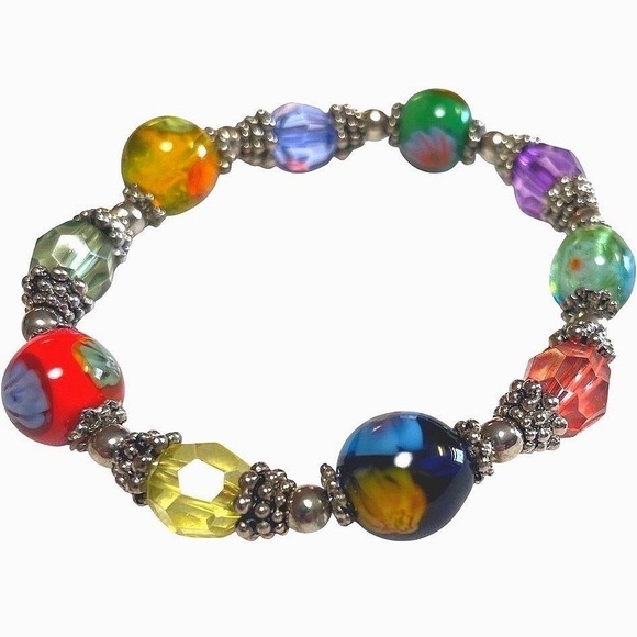 Beaded Stretch Bracelet One Size Multicolor Glass Lampwork Boho Style - Picture 13 of 14